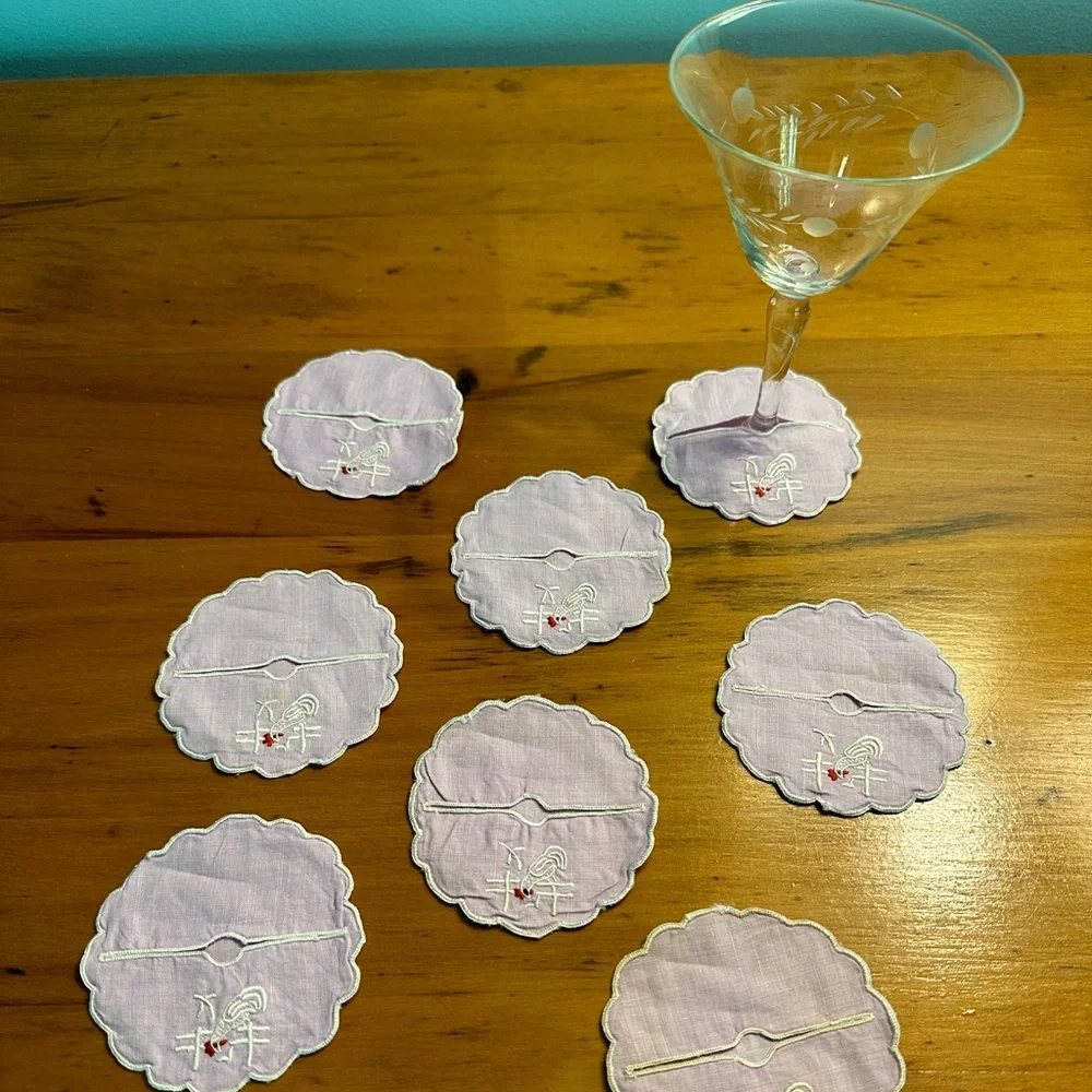 1940s-50s Vintage Pale Lavender Rooster Wine Coasters - Wine Slippers - Set of 8